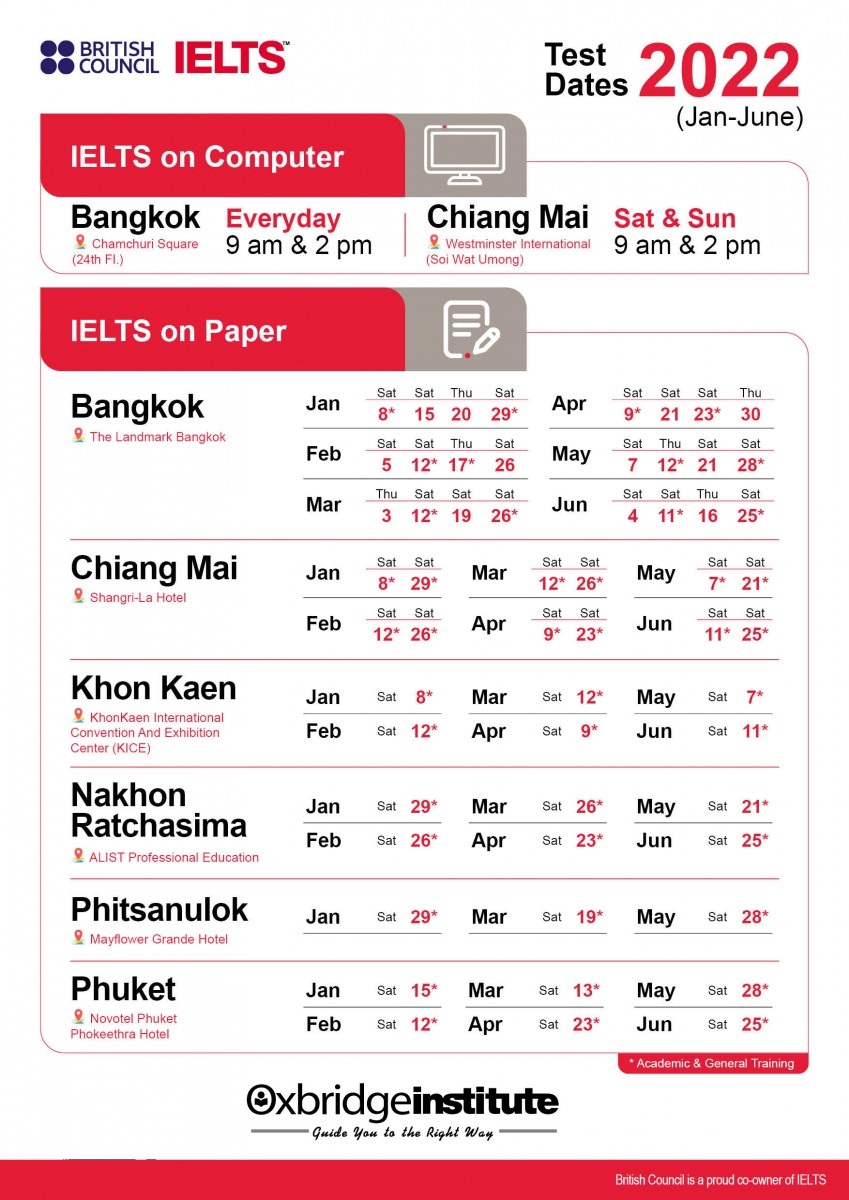 ตารางสอบ IELTS ของศูนย์สอบ BRITISH COUNCIL BRITISH COUNCIL IELTS Test Schedule ตารางสอบ IELTS 2022 ตารางวันสอบ ( TEST DATES )