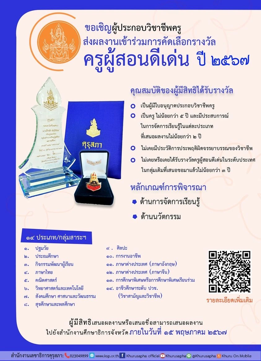 คุรุสภาประกาศ เรื่อง การคัดเลือกครูผู้สอนดีเด่น ประจำปี 2567 คุรุสภาประกาศ เรื่อง การคัดเลือกครูผู้สอนดีเด่น ประจำปี 2567