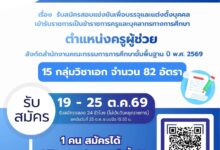 ประกาศรับสมัครครูผู้ช่วย สศศ. 2569 จำนวน 82 อัตรา 15 กลุ่มวิชาเอก สมัคร 19–25 ตุลาคม